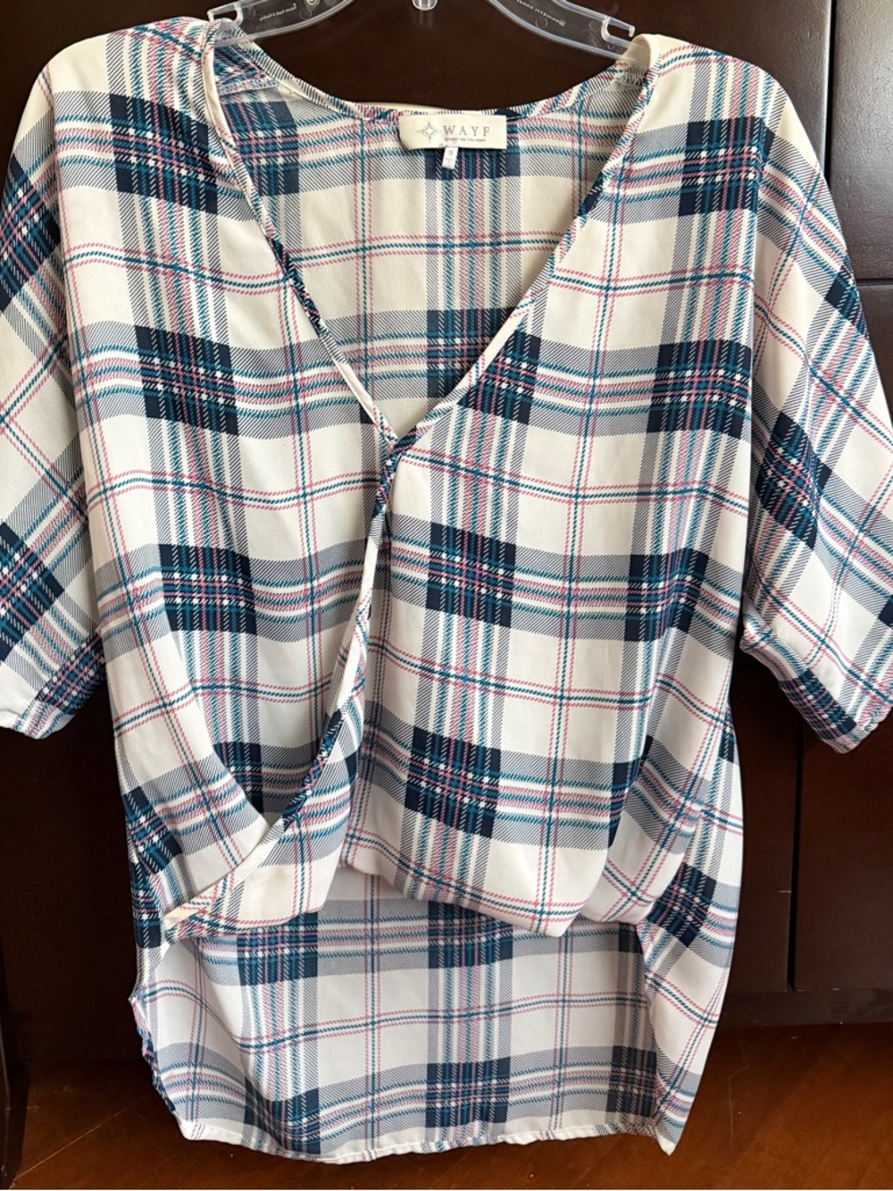 Wayf Teal, Navy & Pink Plaid Wrap Top (size small)
